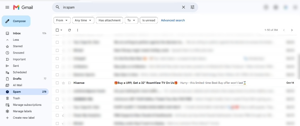 Gmail Spam Inbox showing Hisense Marketing Email