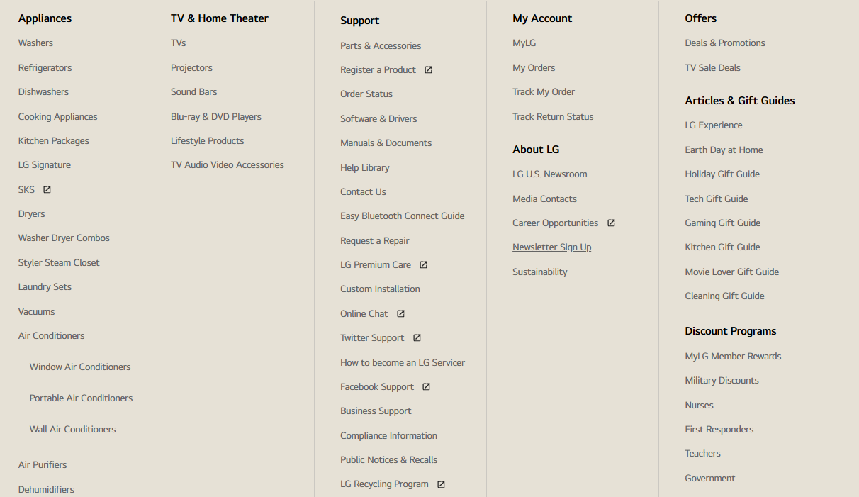 LG website navigation menu and support links LG website footer menu listing appliances, TV and home theater, support, account, offers, articles, and discount programs