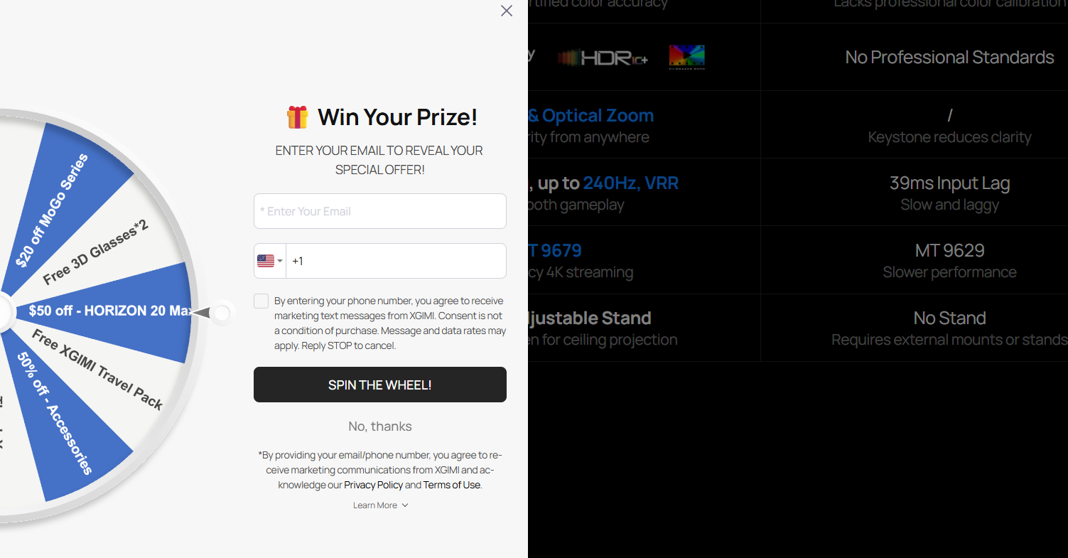XGIMI promotional prize wheel email signup Prize wheel popup offering discounts and free products after entering an email and phone number